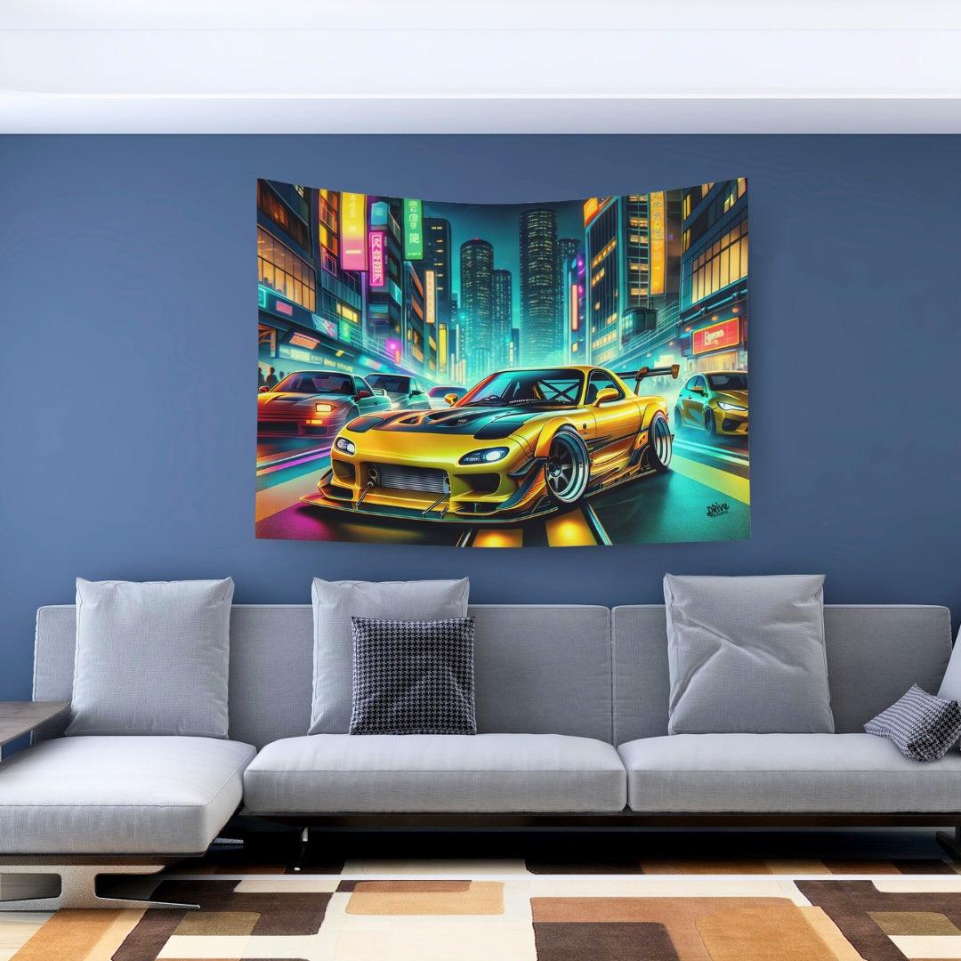 Yellow Mazda RX7 Neon JDM Tapestry - DriveDoodle