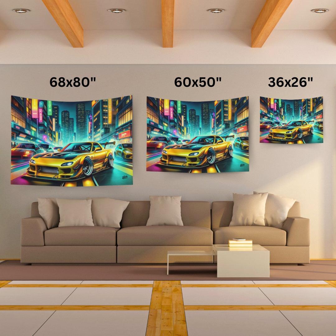 Yellow Mazda RX7 Neon JDM Tapestry - DriveDoodle