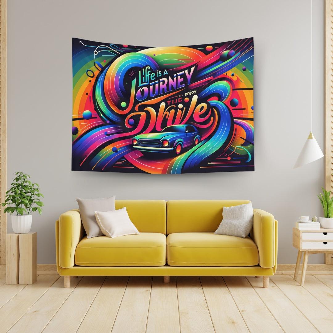 "Life Is A Journey, Enjoy The Drive" Abstract Quote Tapestry - DriveDoodle