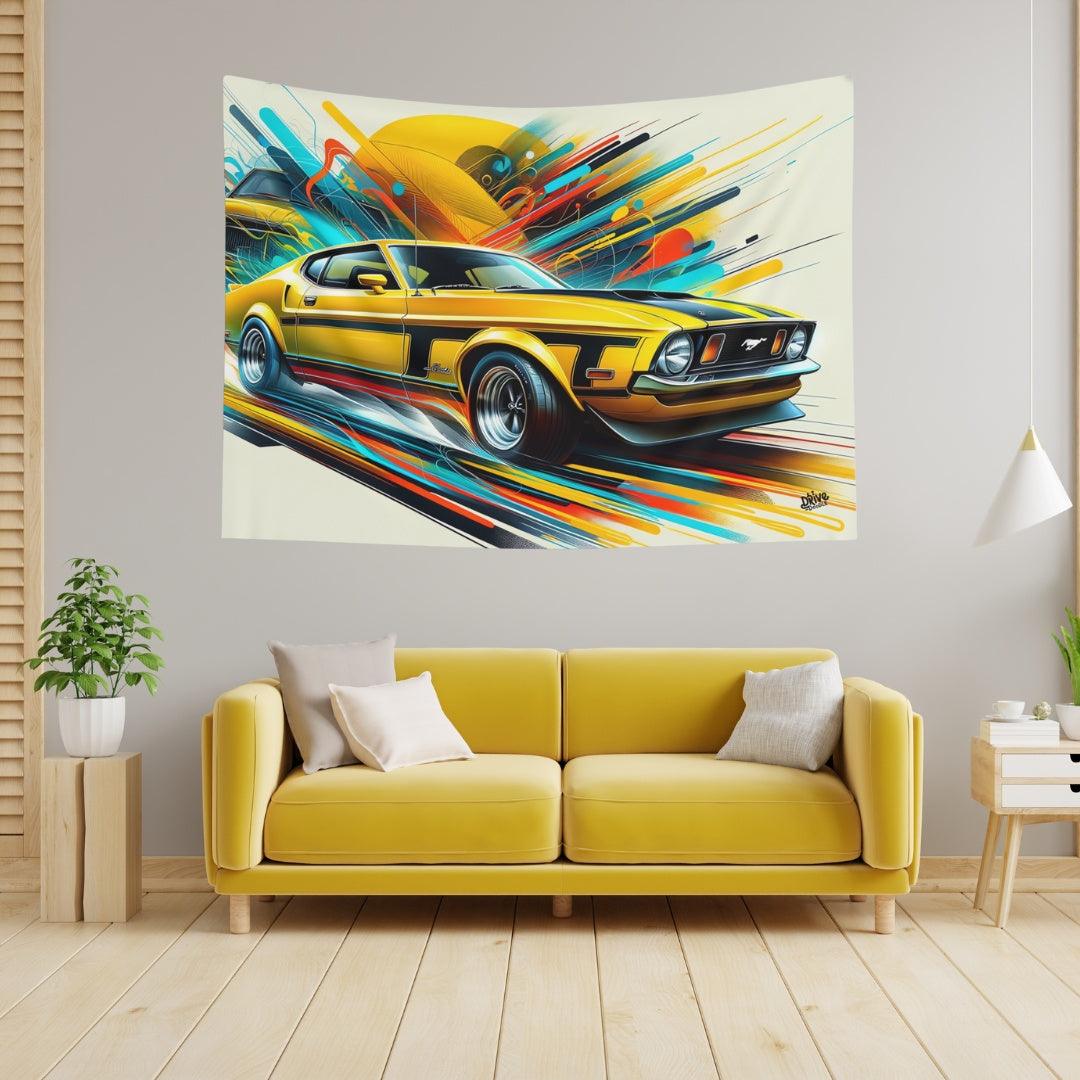 Yellow 2nd Gen Ford Mustang Tapestry - DriveDoodle